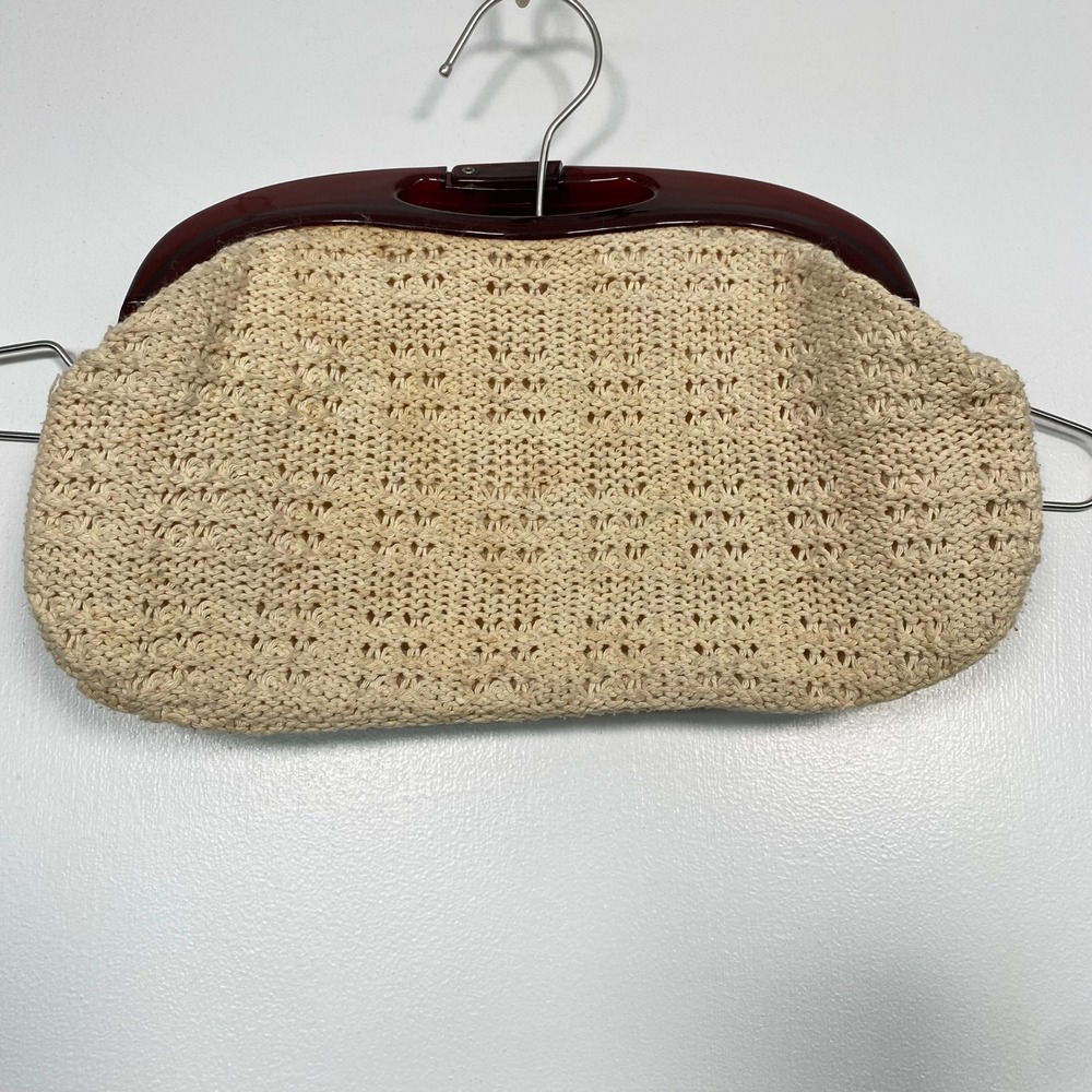 Vintage Women Clutch Bag Medium Cream Crochet Tortoise Shell Handle Bohemian